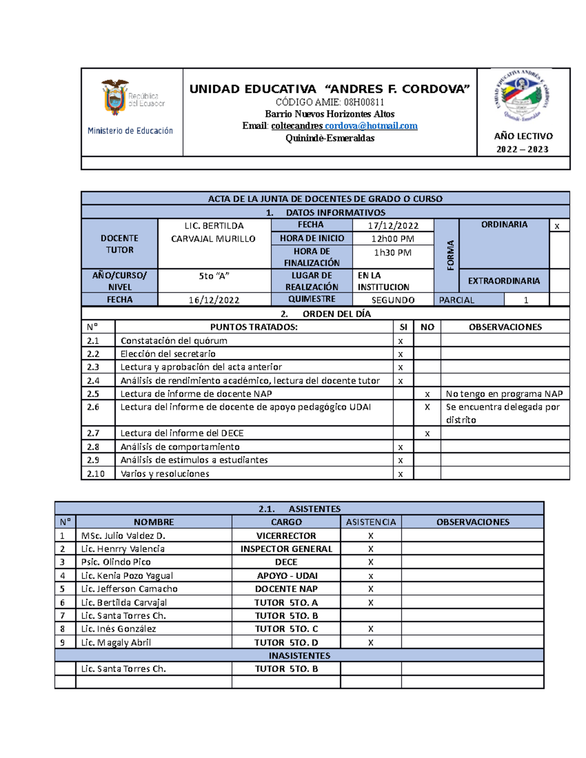 Informe Parcial Tercer 2Q - UNIDAD EDUCATIVA “ANDRES F. CORDOVA” CÓDIGO ...