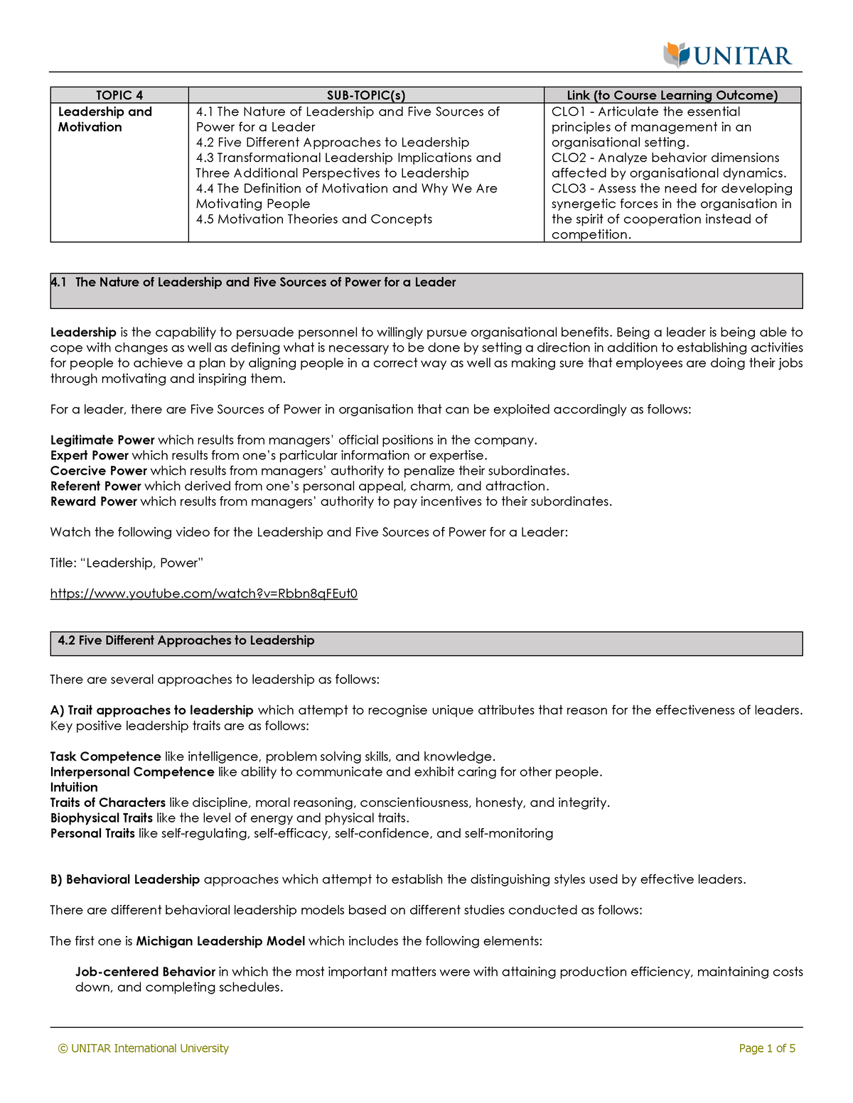 Topic 4 -leadership And Motivation - Topic 4 Sub-topic(s) Link (to 