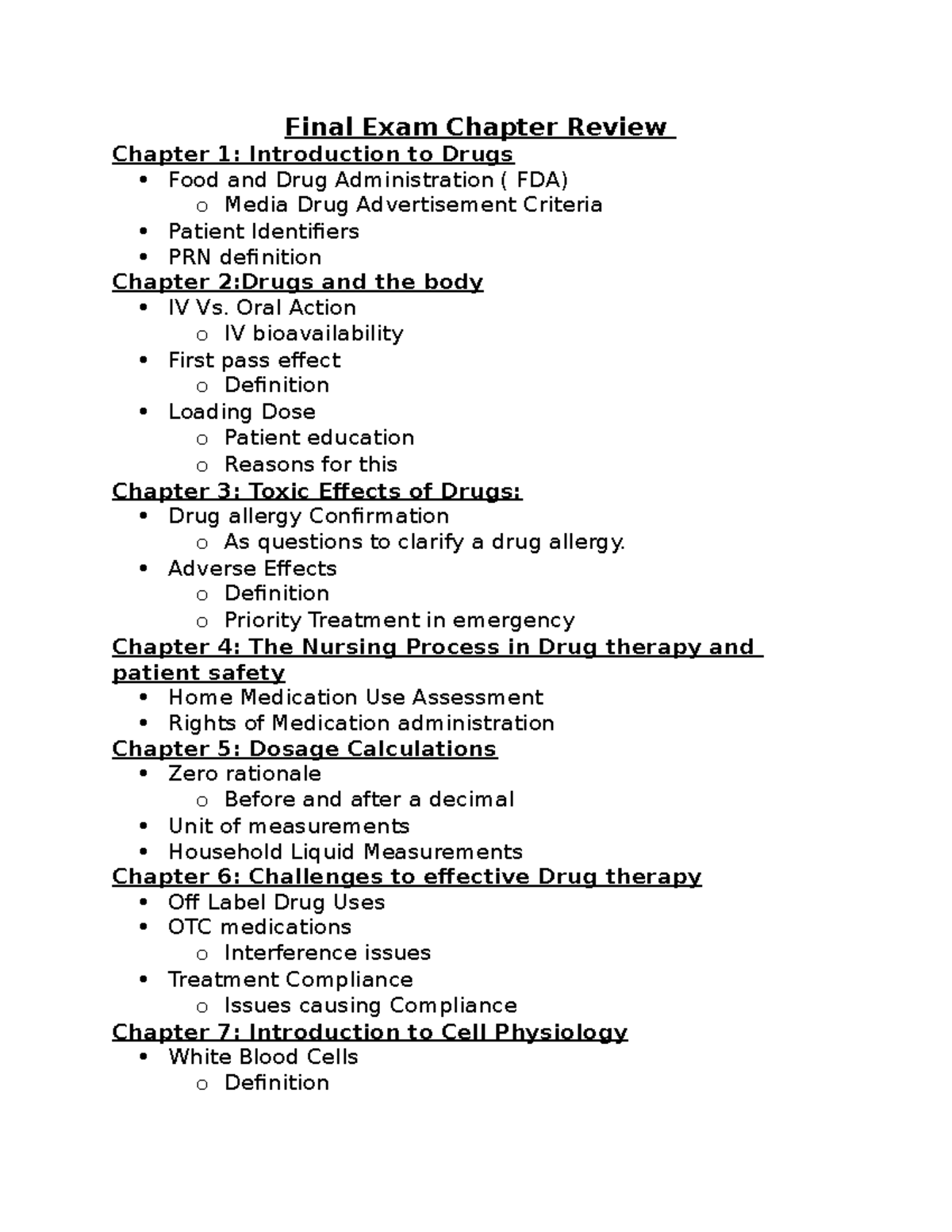 Final Exam Chapter Review PHARM I - Final Exam Chapter Review Chapter 1 ...