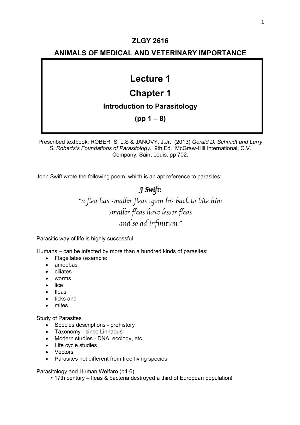 Lecture 1 Introduction to Parasitology - ZLGY 2616 ANIMALS OF MEDICAL ...