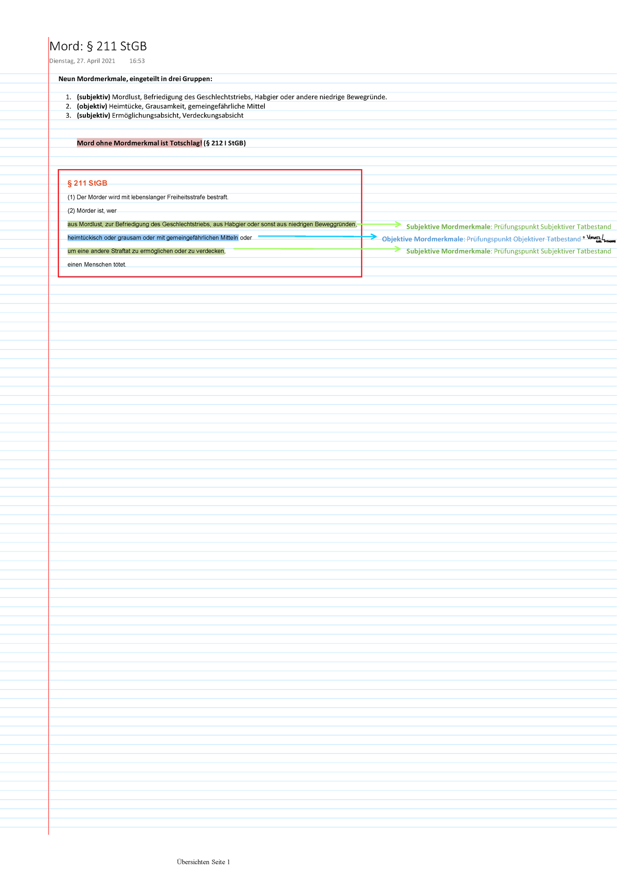 4. Mord § 211 St GB-2 - Zusammenfassung - § 211 StGB (1) Der Mörder ...