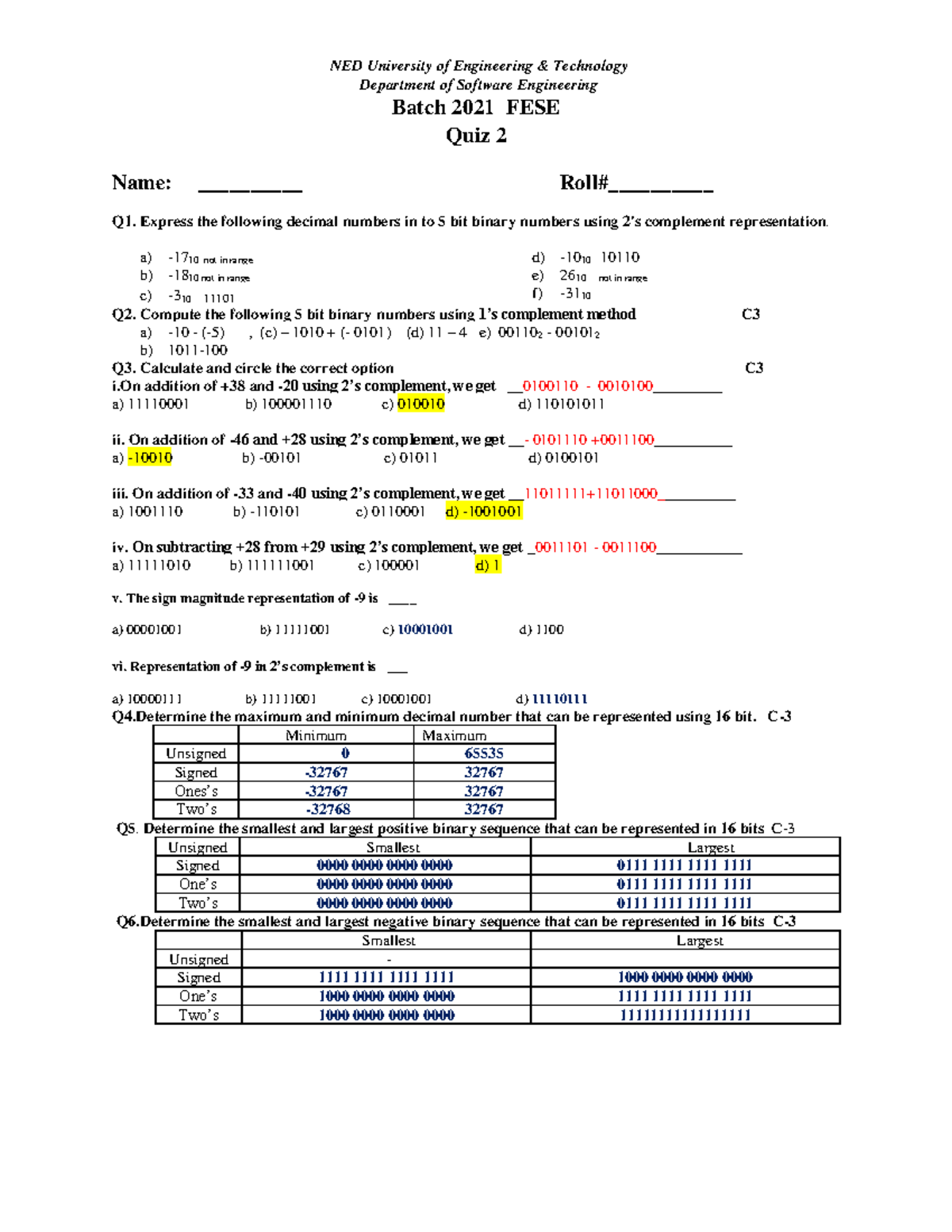 Quiz-3 - abc - NED University of Engineering & Technology Department of ...