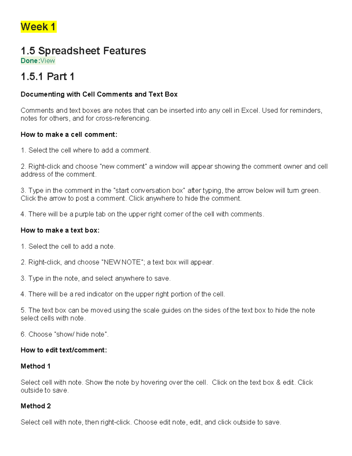 Excel - Week 1 1 Spreadsheet Features Done:View 1.5 Part 1 Documenting ...