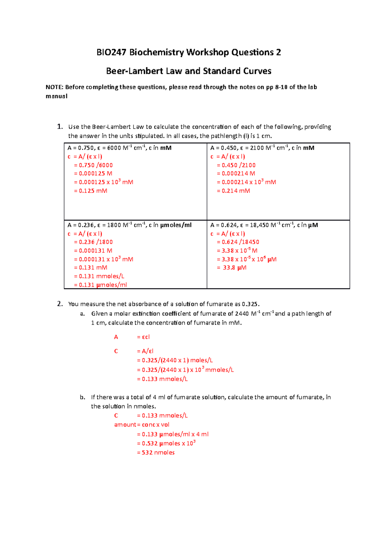 2 Beer Lambert Law and Standard Curves ans BIO247