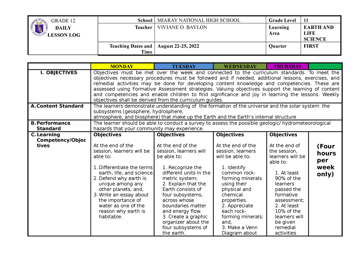 Earth AND LIFE Science DLL - 1st Week - GRADE 12 DAILY LESSON LOG ...