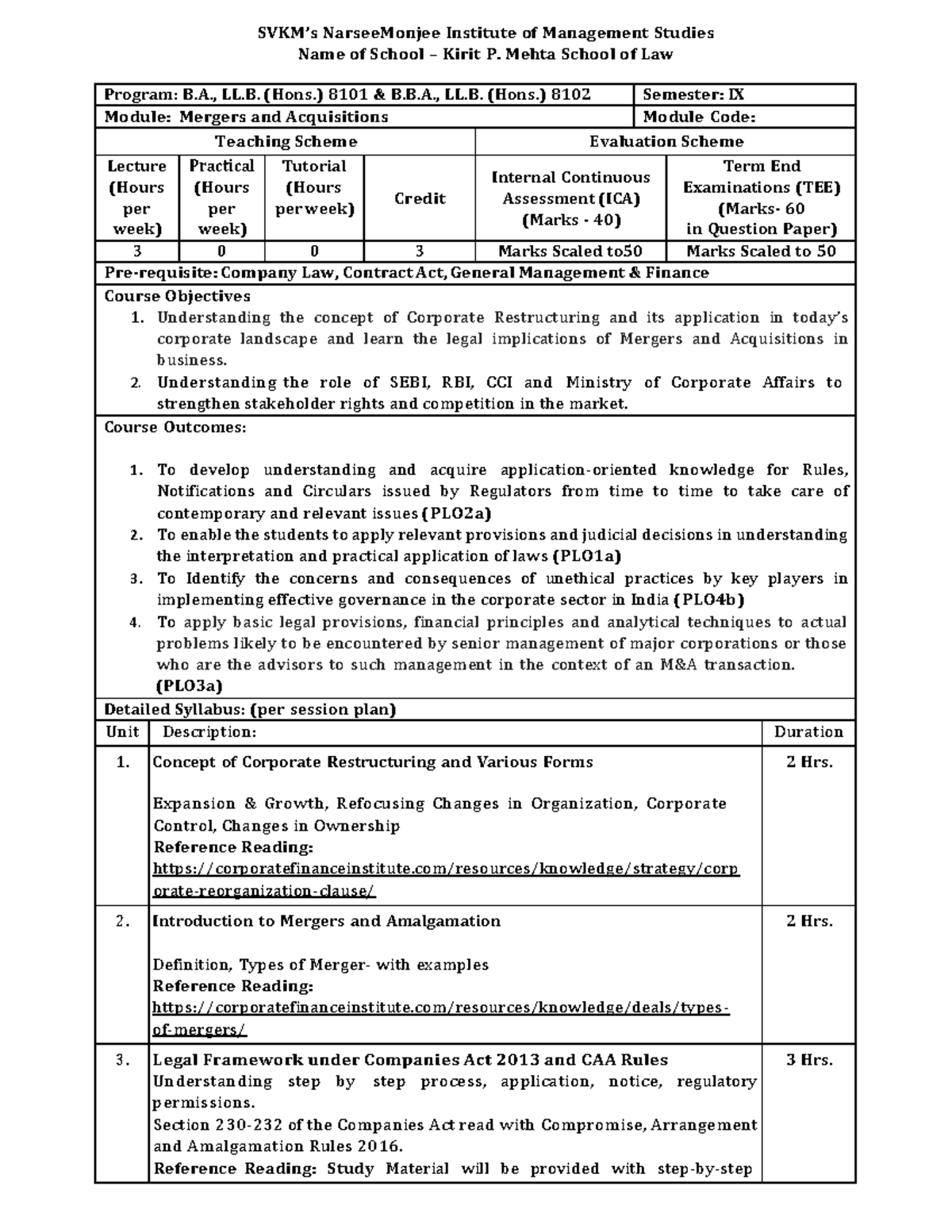 Course Outlines Sem IX Mergers and Acquisitions - Name of School ...