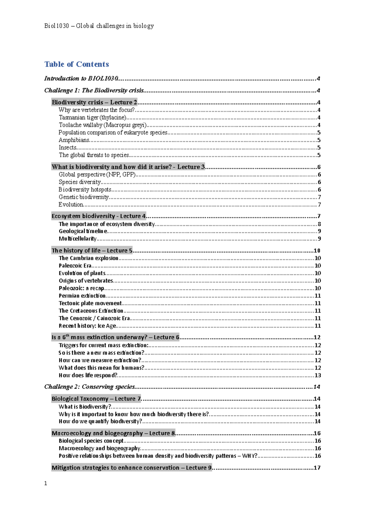 Biol1030 - Lecture notes 1-13 - Table of Contents Introduction to - Studocu