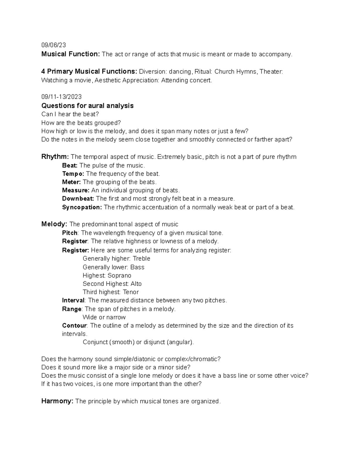 Music 101 Notes - 09/06/ Musical Function: The act or range of acts ...