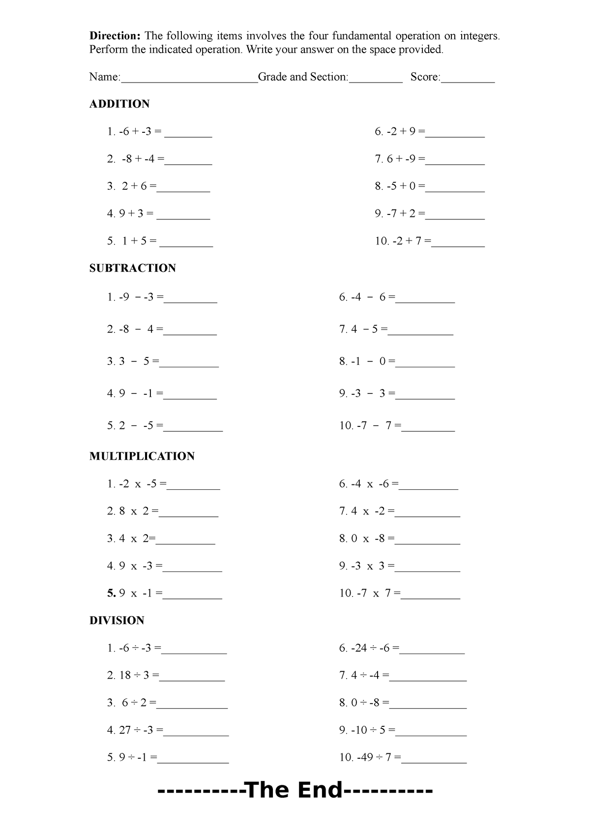 Operation on integers(Summative test) - Direction:Perform the indicated ...