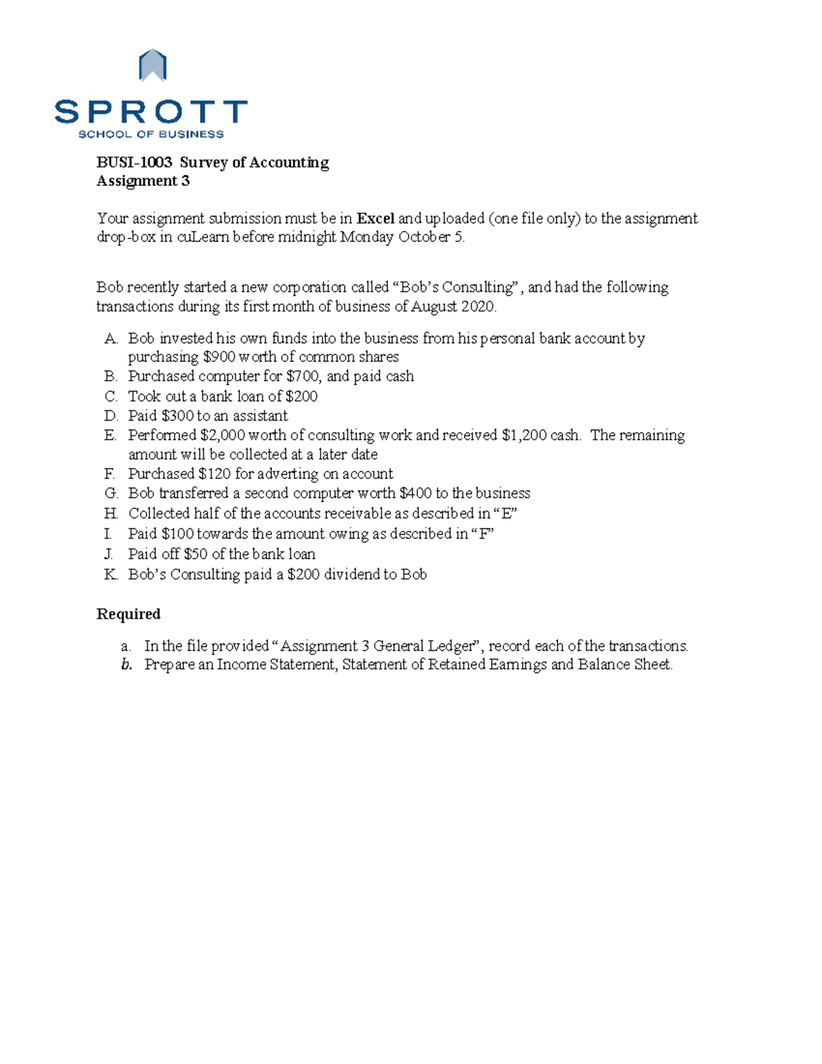 BUSI-1003 Assignment 3 Fall 2020 - Survey of Accounting Assignment 3 ...