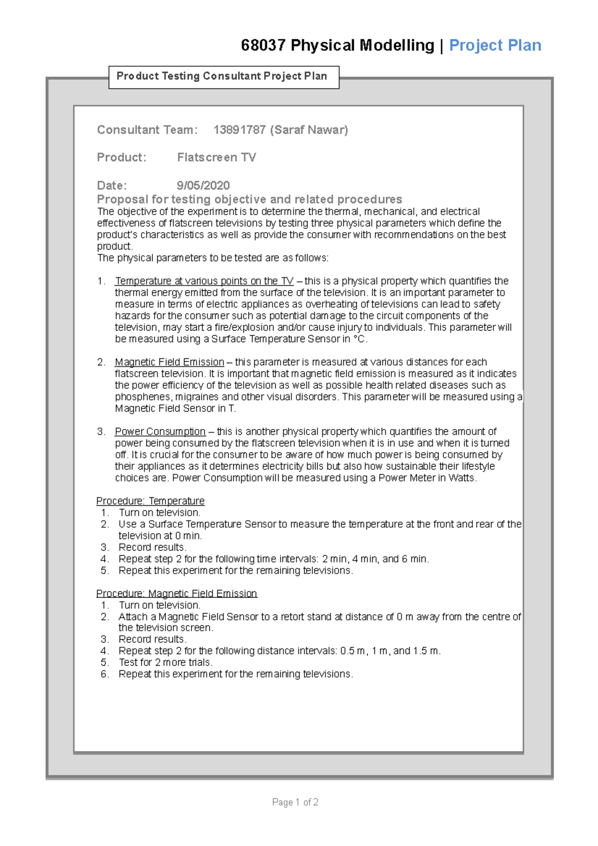 TV Project Plan - 68037 Physical Modelling | Project Plan Consultant ...