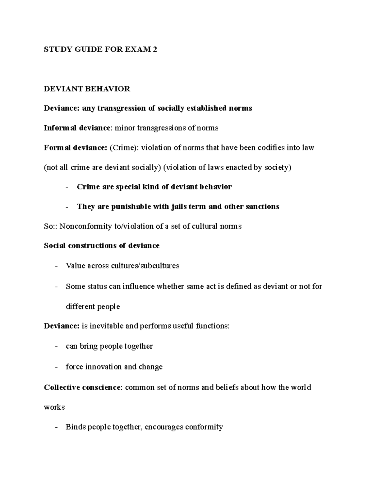 Study Guide FOR EXAM 2 - STUDY GUIDE FOR EXAM 2 DEVIANT BEHAVIOR ...