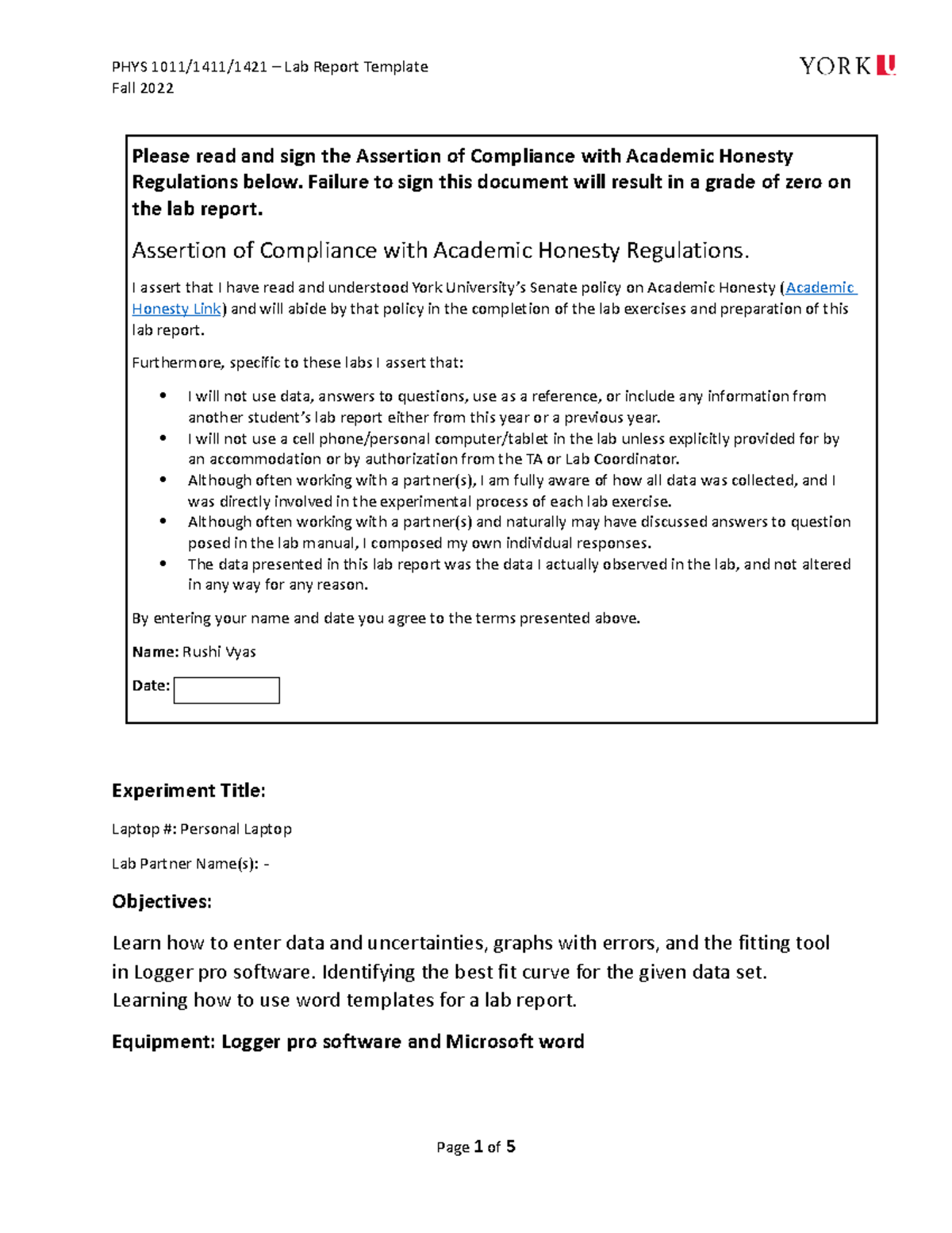 Lab Report 1 - Fall 2022 Experiment Title: Laptop #: Personal Laptop ...