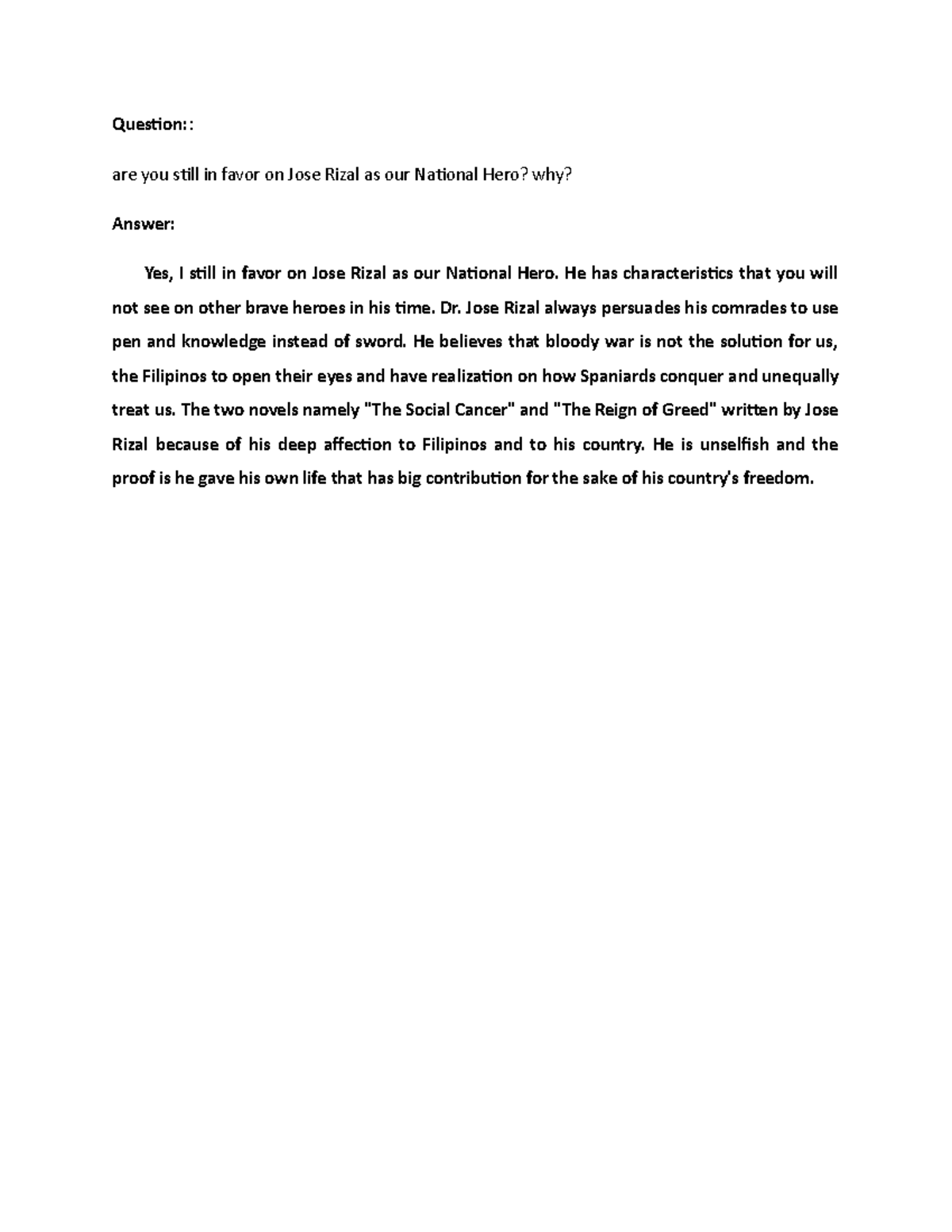 Rizal as National Hero - Question:: are you still in favor on Jose ...