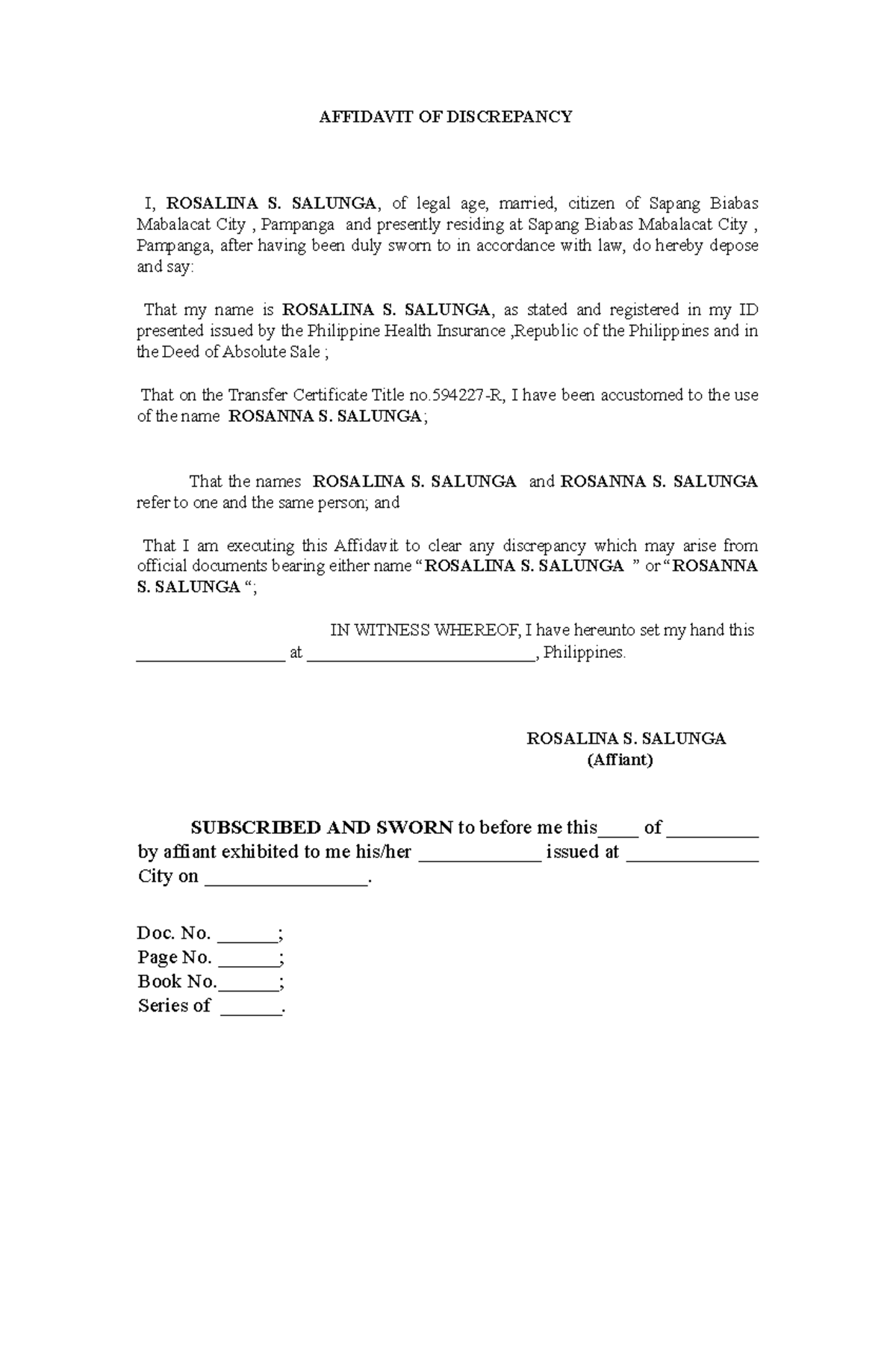 Affidavit Of Discrepancy Affidavit Of Discrepancy I Rosalina S Salunga Of Legal Age 4760