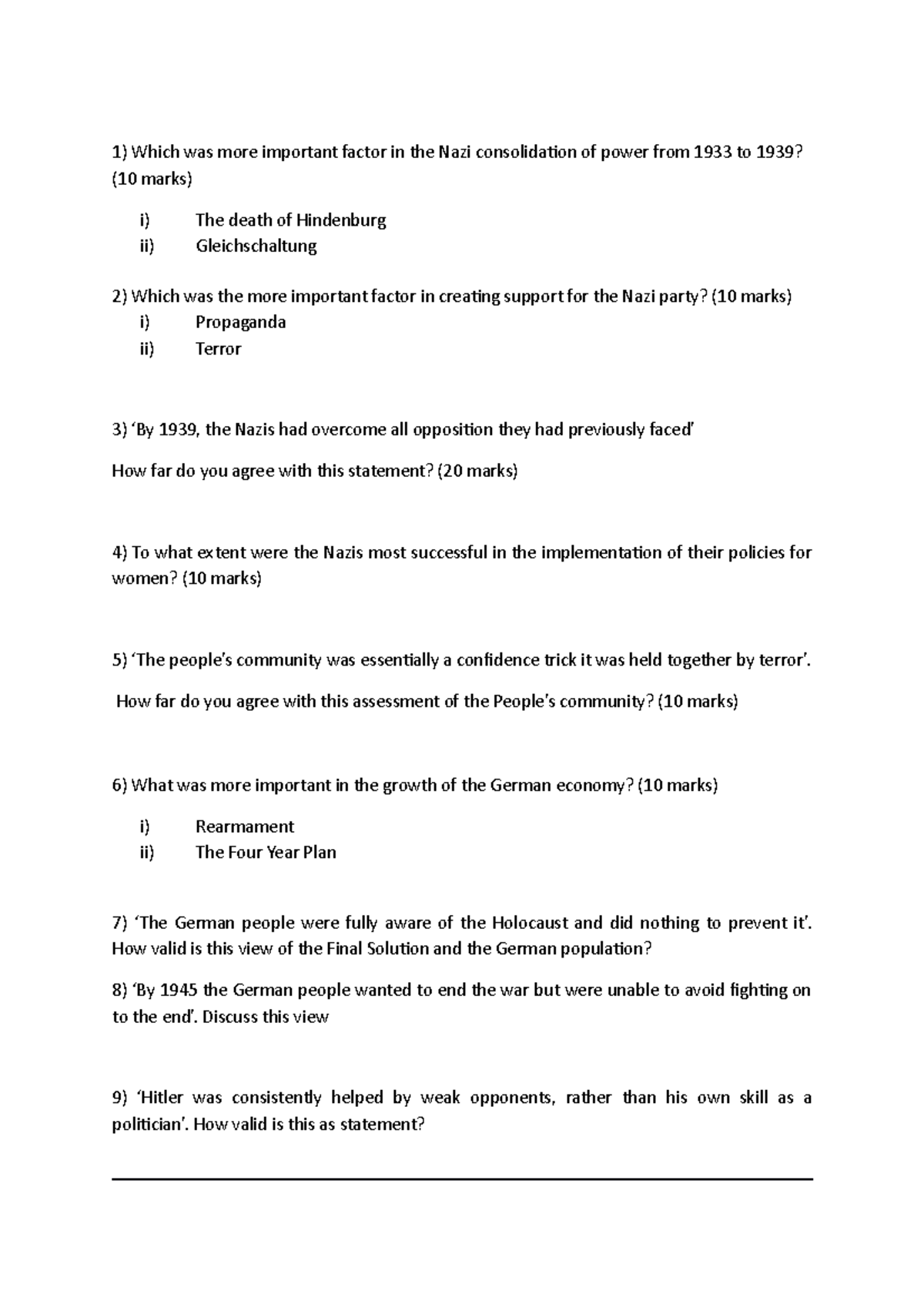 Nazi Germany Exam Questions Which was more important factor in the