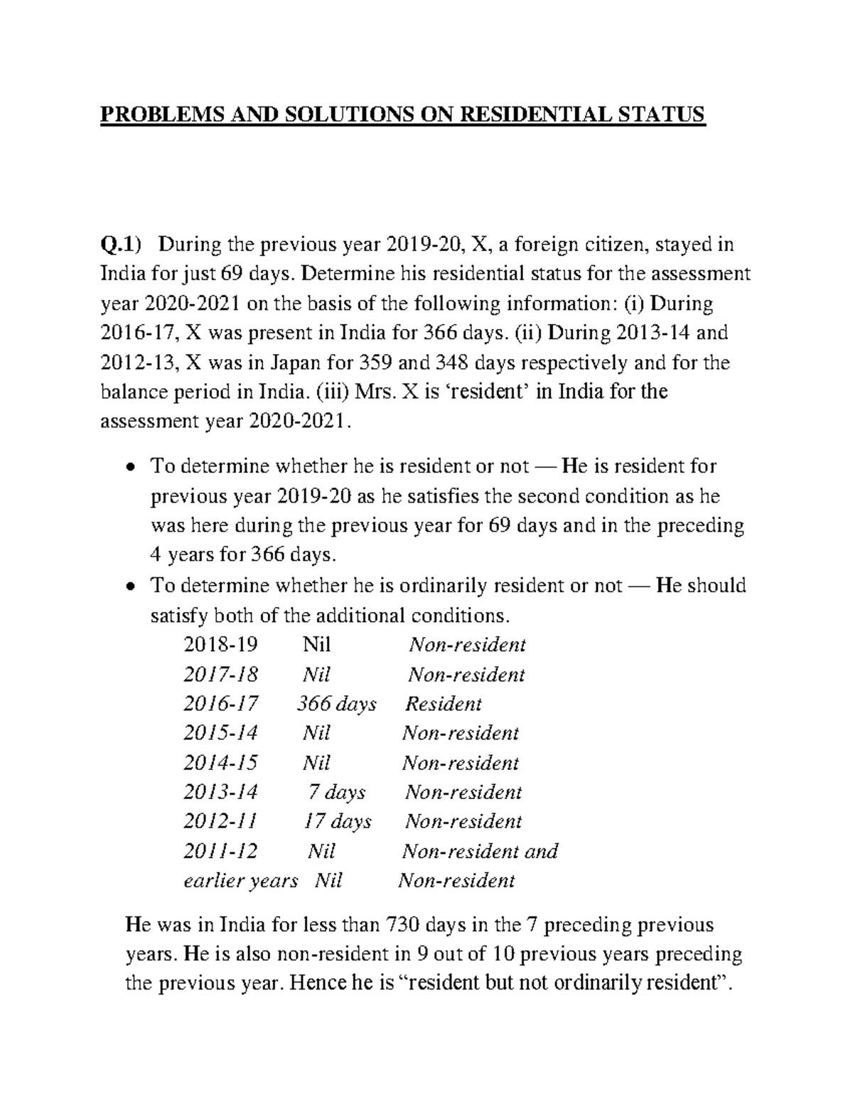Problems ON Residential Status pdf PROBLEMS AND SOLUTIONS ON