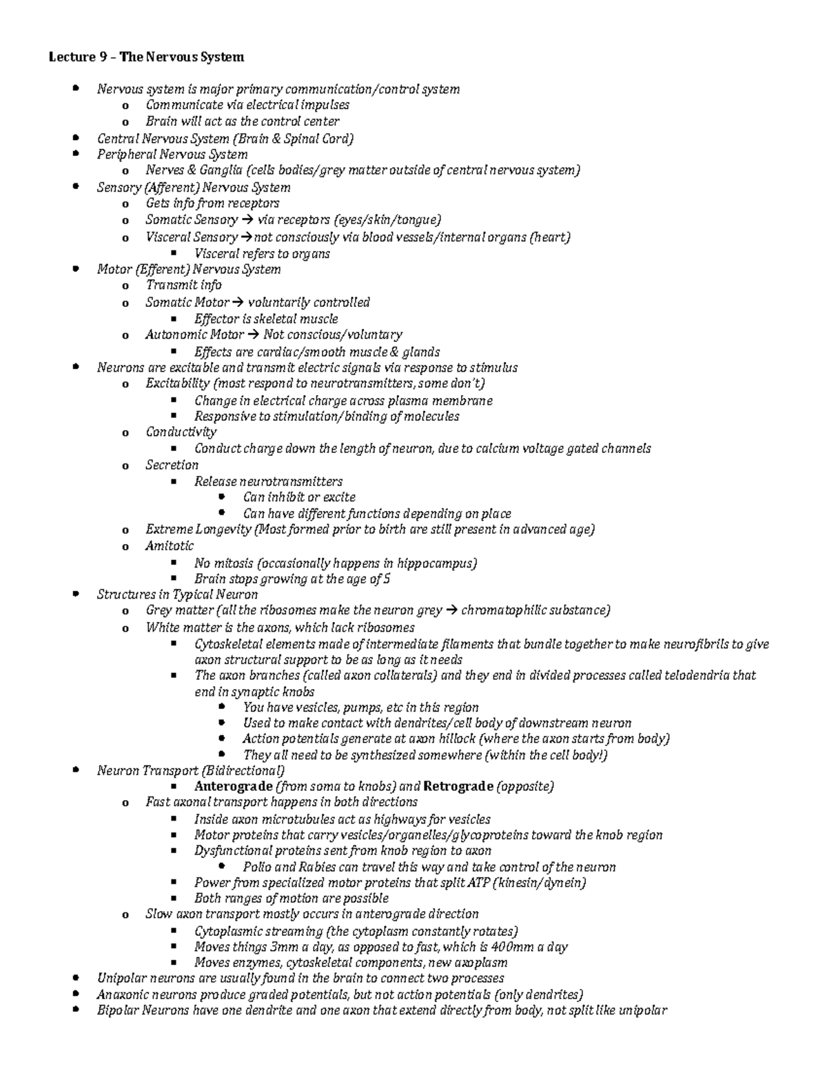 Lecture 9 - Biol Stuff - Lecture 9 – The Nervous System Nervous system ...