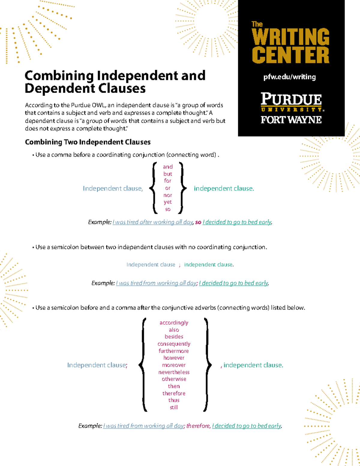 Independent and Dependent Clause Clarification - The WRITING CENTER pfw ...
