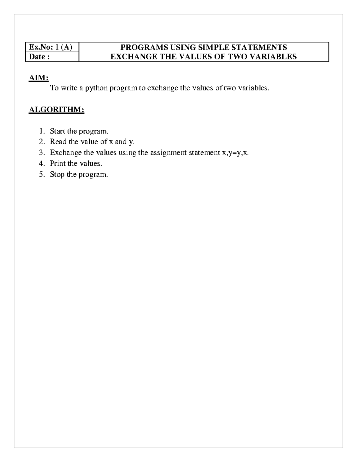 Python programs NEW - AIM: To write a python program to exchange the ... image.
