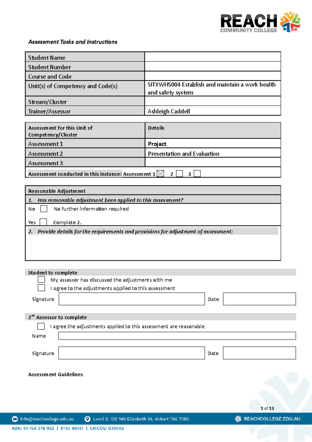 Sitxwhs 004 Assessment 1 -Project - Assessment Tasks and Instructions ...