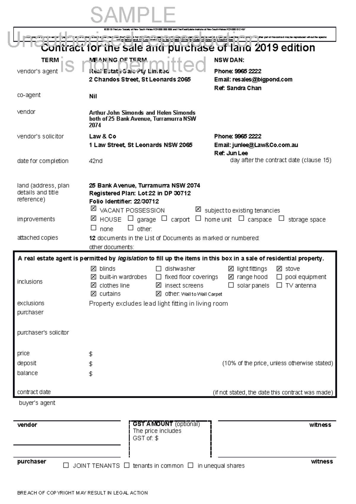 PROP T1 A1 NSW 2019 Contract for Sale © 2019 The Law Society of New