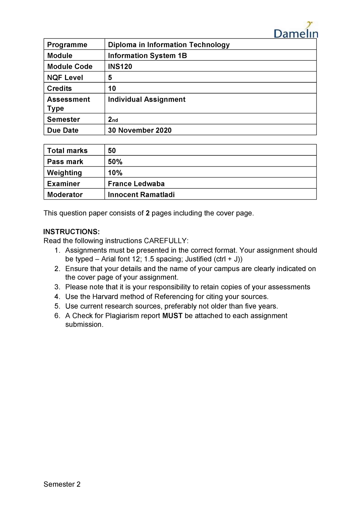 Information System 1B Individual Assignment - Semester 2 Programme ...