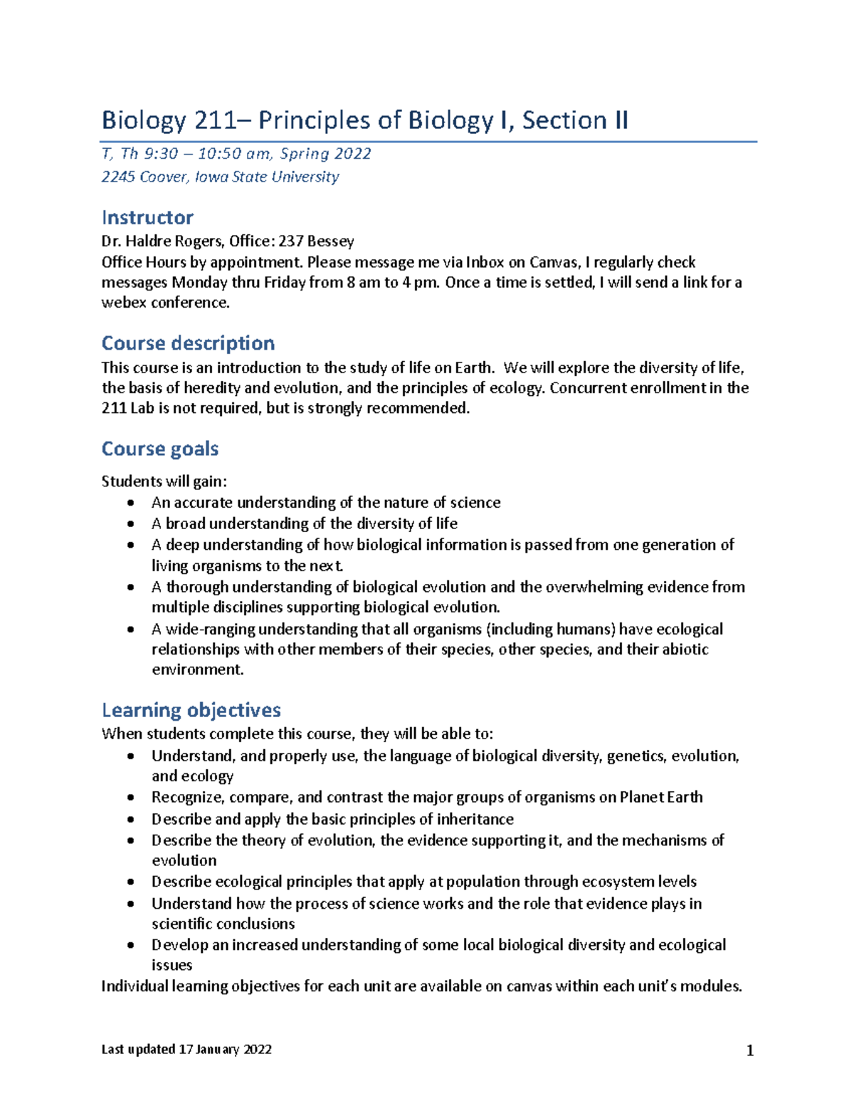 Syllabus for BIOL 211 - Biology 211 – Principles of Biology I, Section ...