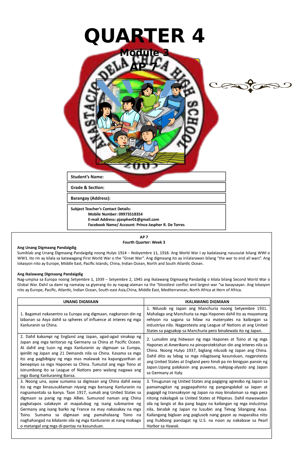 AP 7 Module 3 - QUARTER 4 Module 3 Subject Teacher’s Contact Details ...