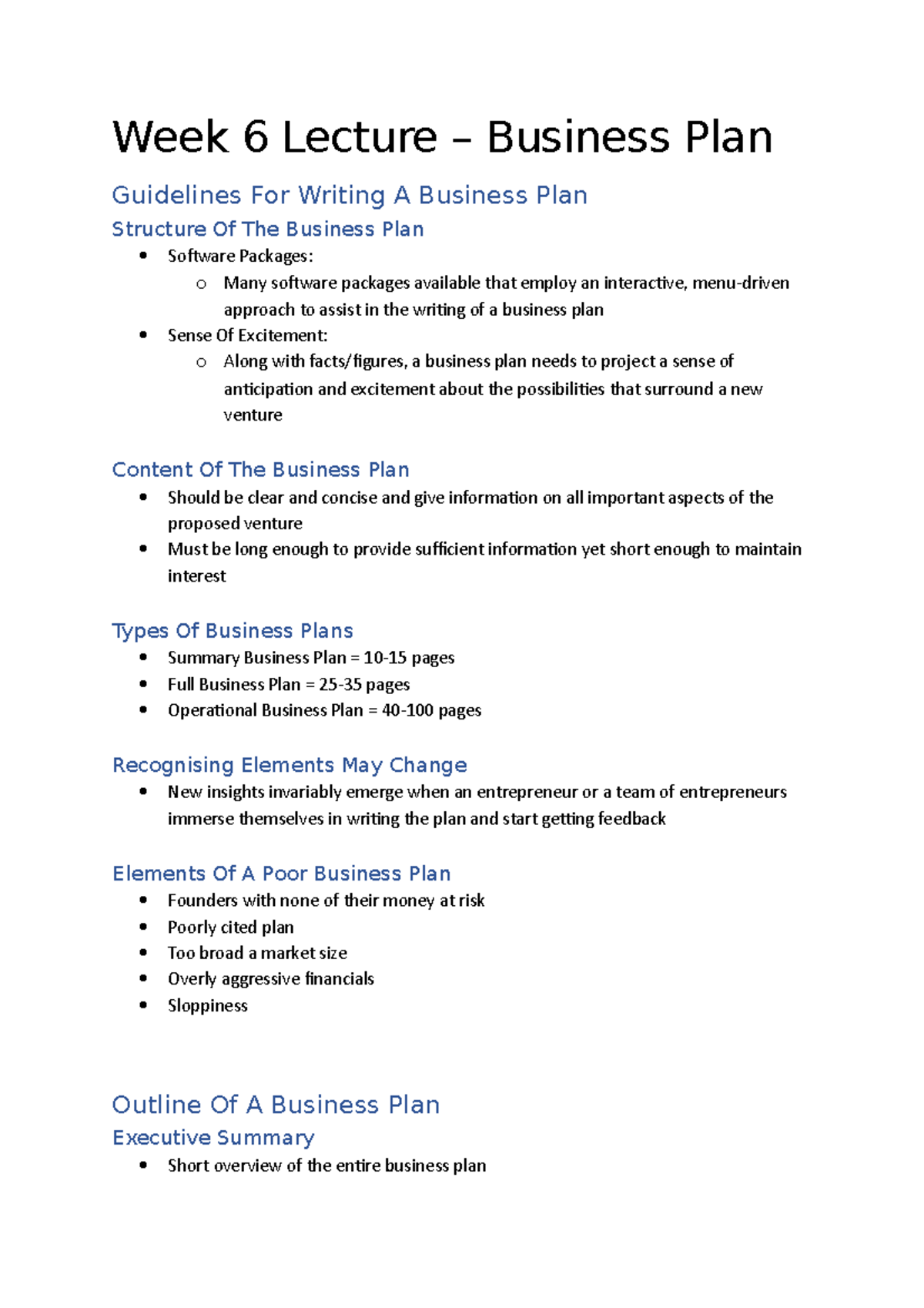 Week 6 Lecture BBA220 - Week 6 Lecture – Business Plan Guidelines For ...