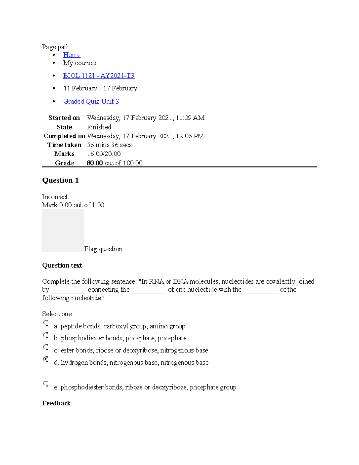 BIOL 1121 Graded Quiz 1 for Week 3 - Page path Home My courses BIOL ...