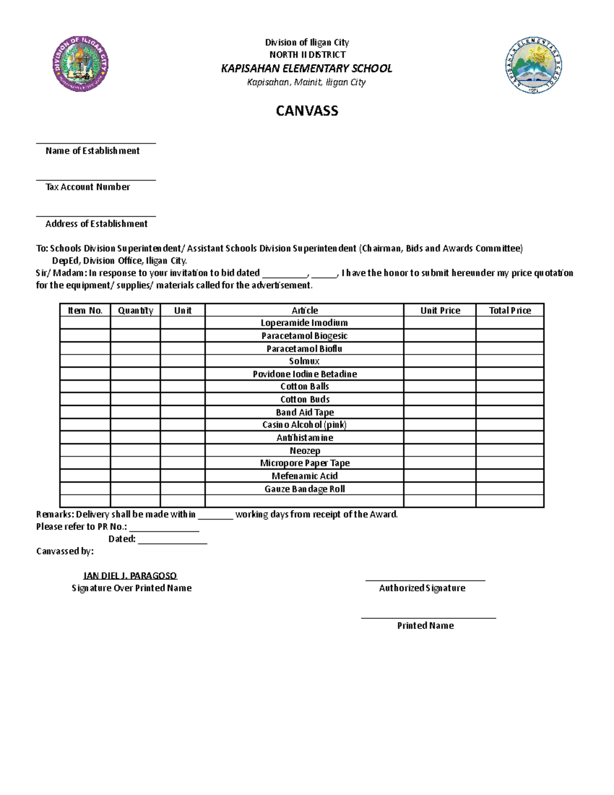 Canvass Form - nice - Division of Iligan City NORTH II DISTRICT ...
