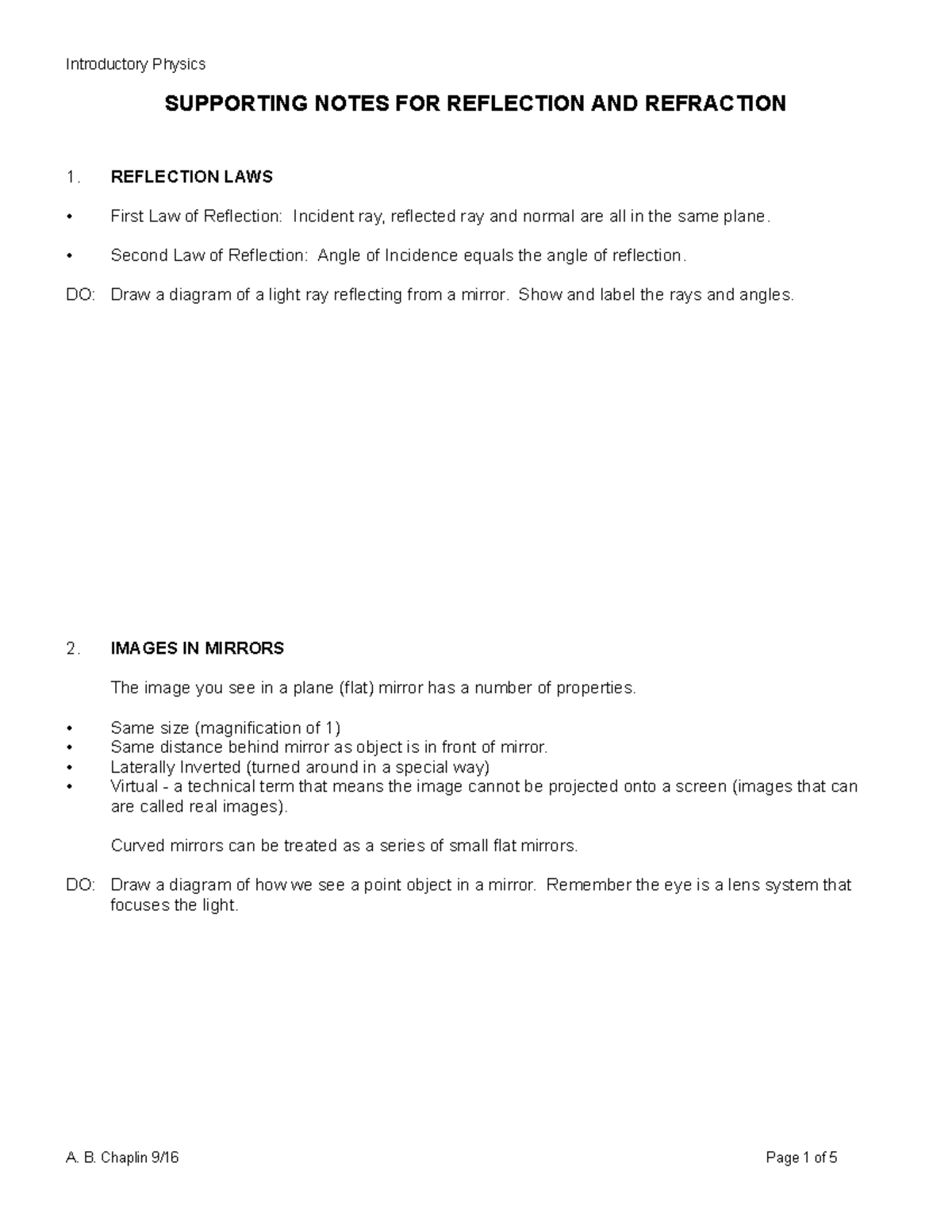SUPPORTING NOTES FOR REFLECTION AND REFRACTION - REFLECTION LAWS First ...