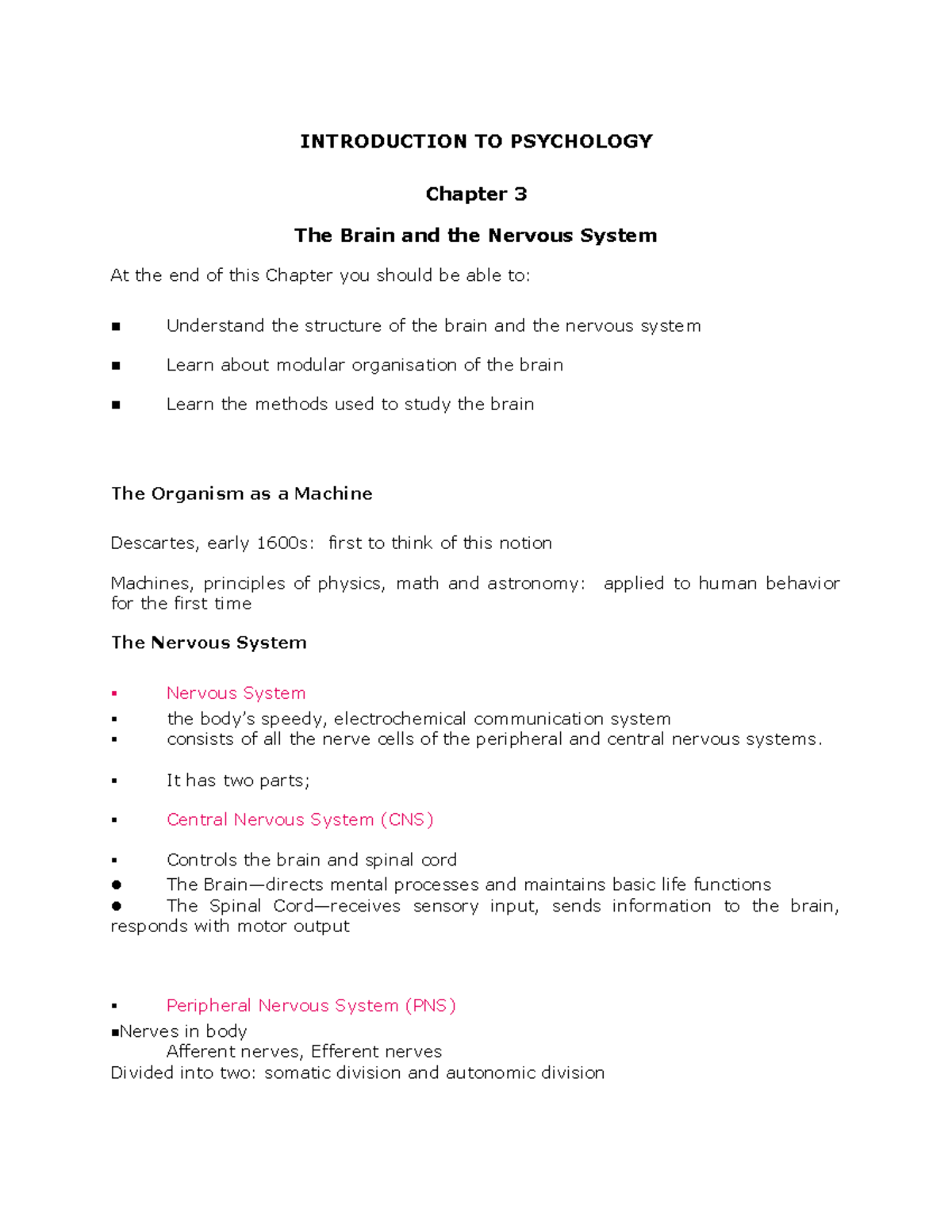 Brain & Nervous System - Lecture notes 3 - INTRODUCTION TO PSYCHOLOGY ...