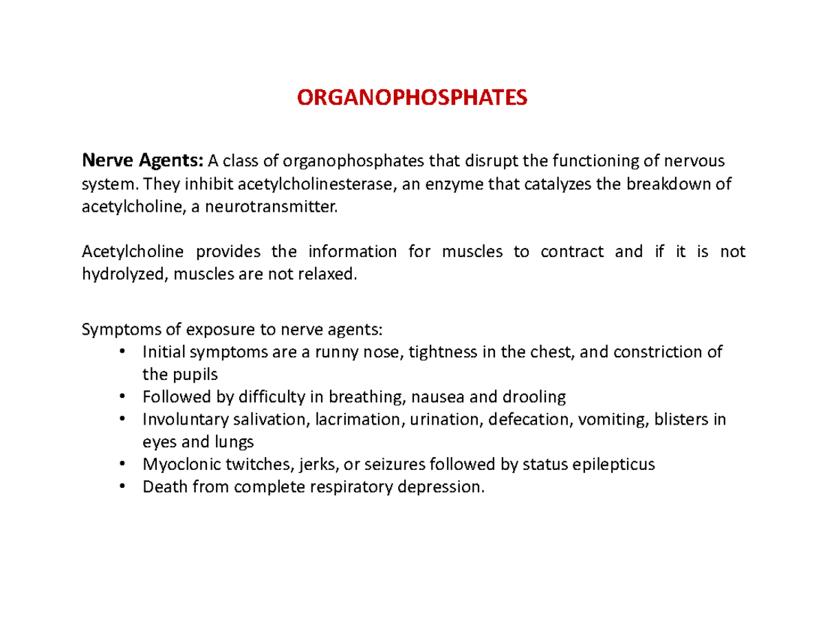 Organophosphates Lecture notes L ORGANOPHOSPHATES Nerve AgentsA class of organophosphates