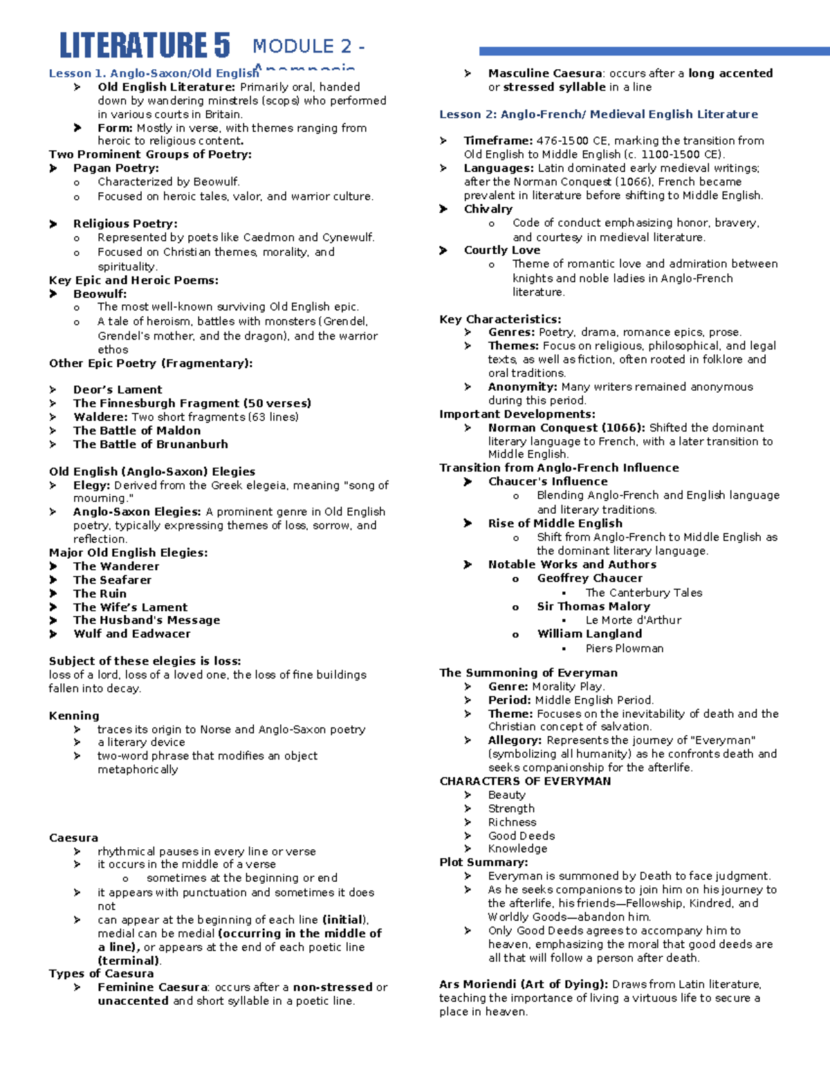 Lit 5 reviewer - Lecture notes about survey english literature ...