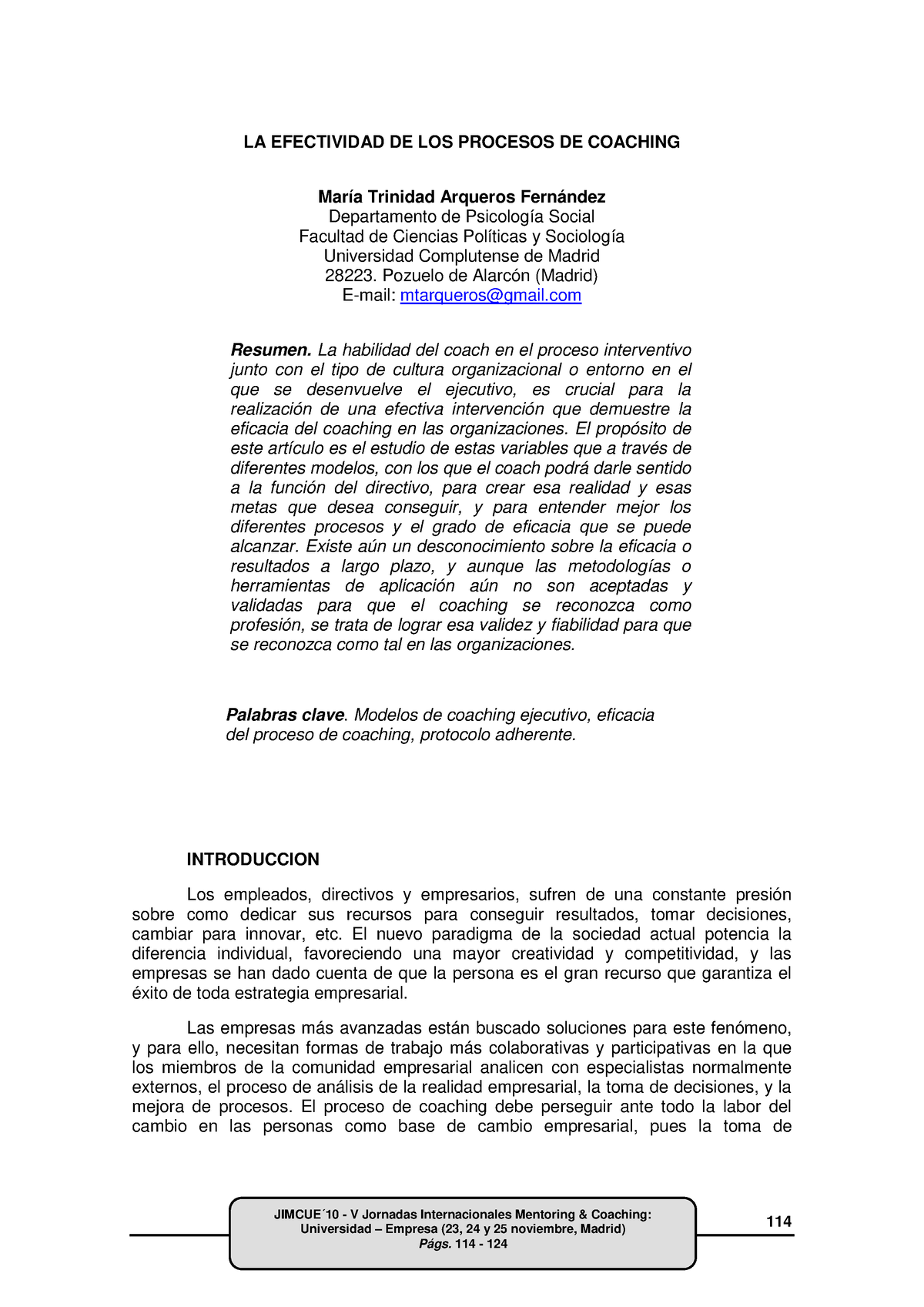 Arqueros (2010 ) efectividad del coaching - JIMCUE ́10 Universidad - V  Jornadas Internacionales - Studocu