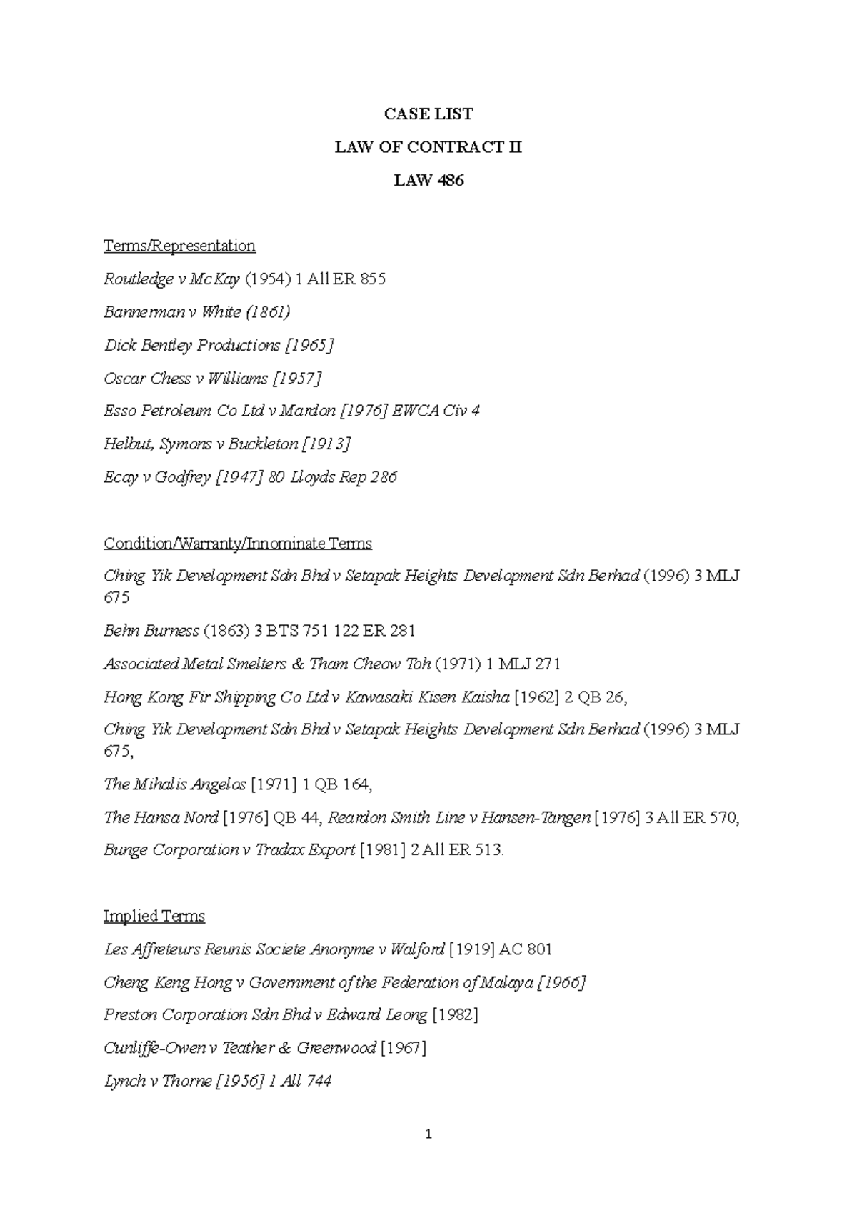contract 486 case list CASE LIST LAW OF CONTRACT II LAW 486 Terms