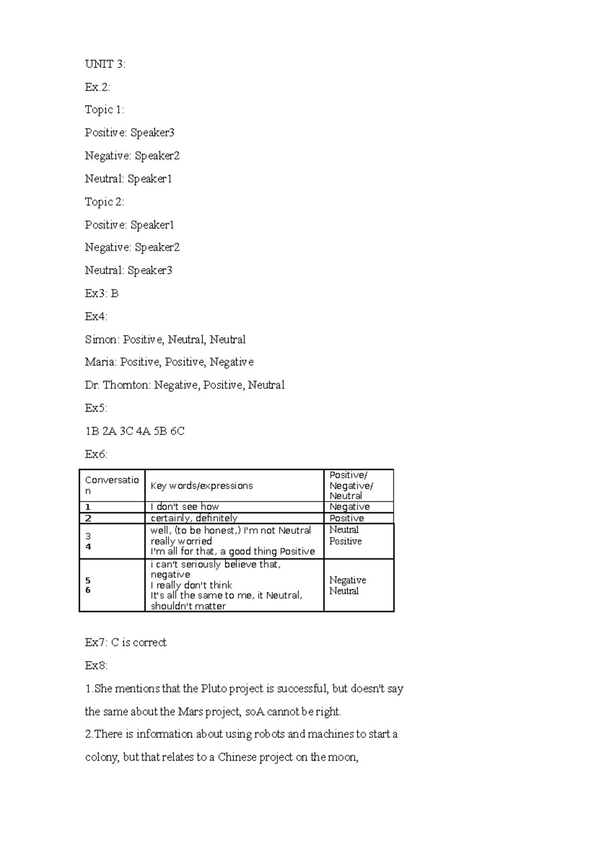 Listening ex 2-3 mjlo - UNIT 3: Ex: Topic 1: Positive: Speaker Negative ...