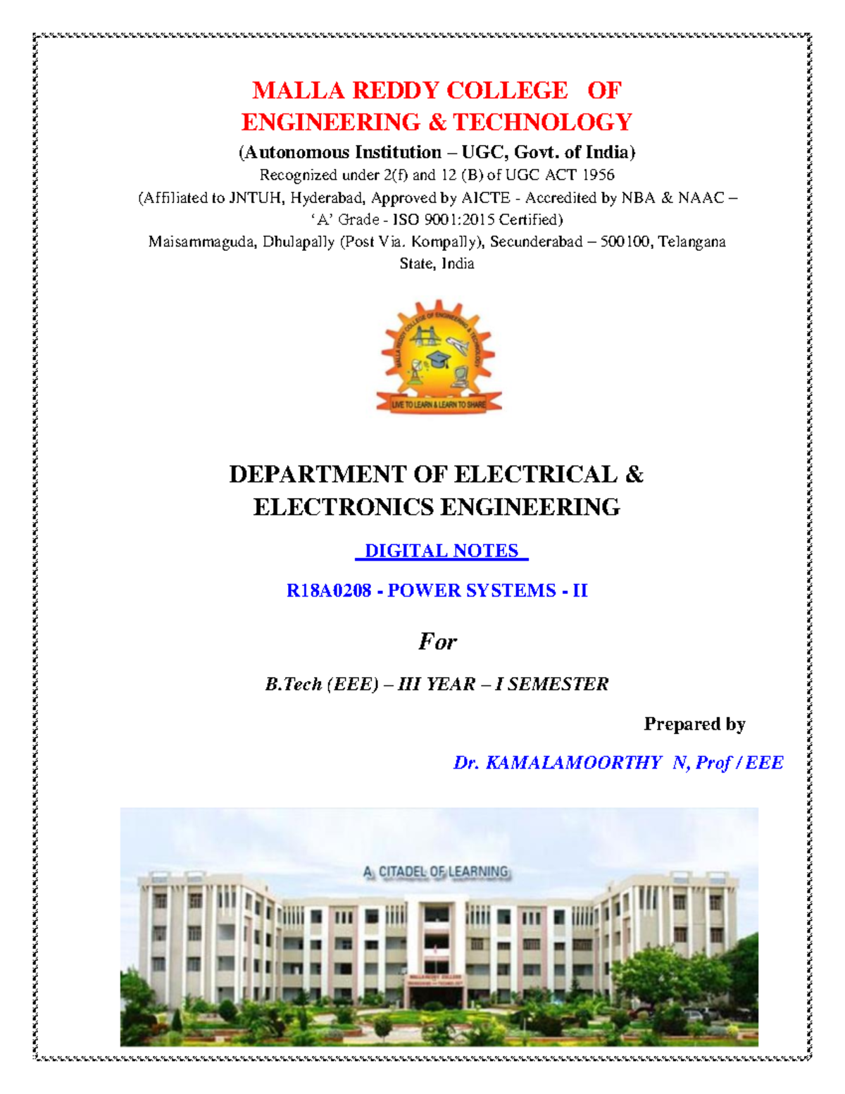 Power Systems - II - MALLA REDDY COLLEGE OF ENGINEERING & TECHNOLOGY ...