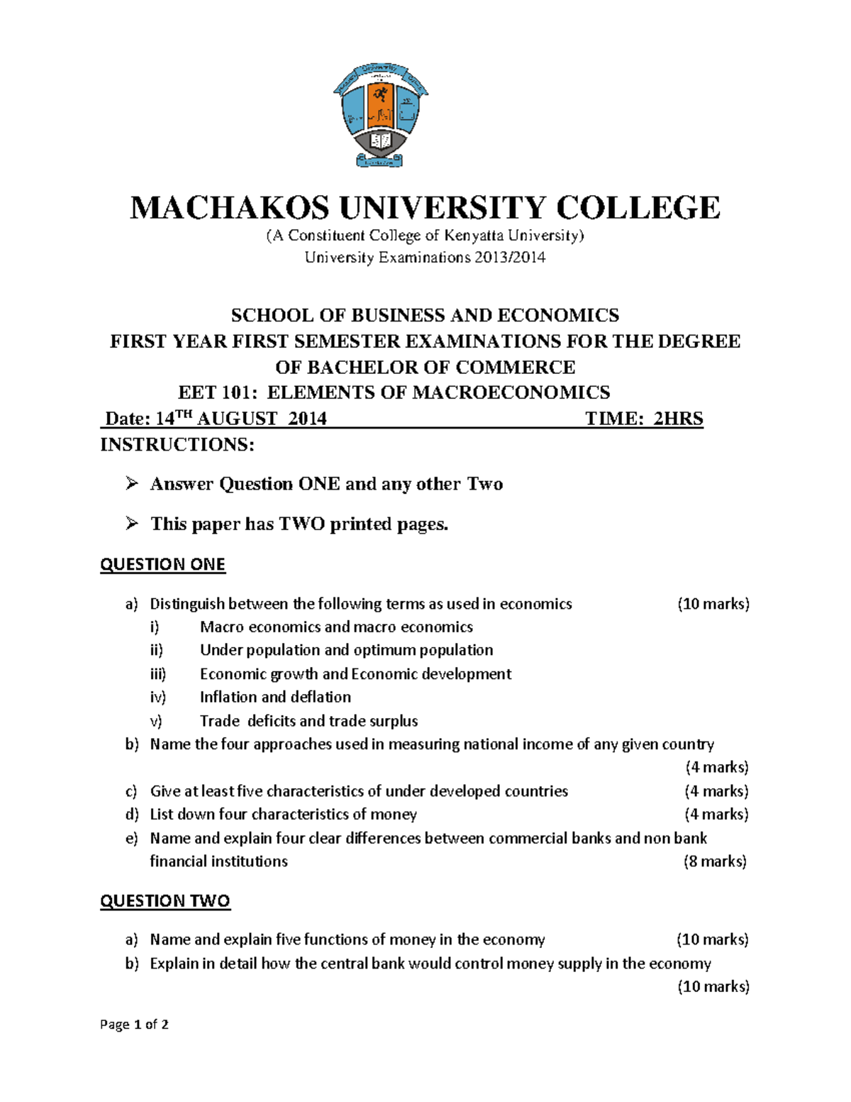 EET 101 Elements OF Macroeconomics - Page 1 of 2 MACHAKOS UNIVERSITY ...