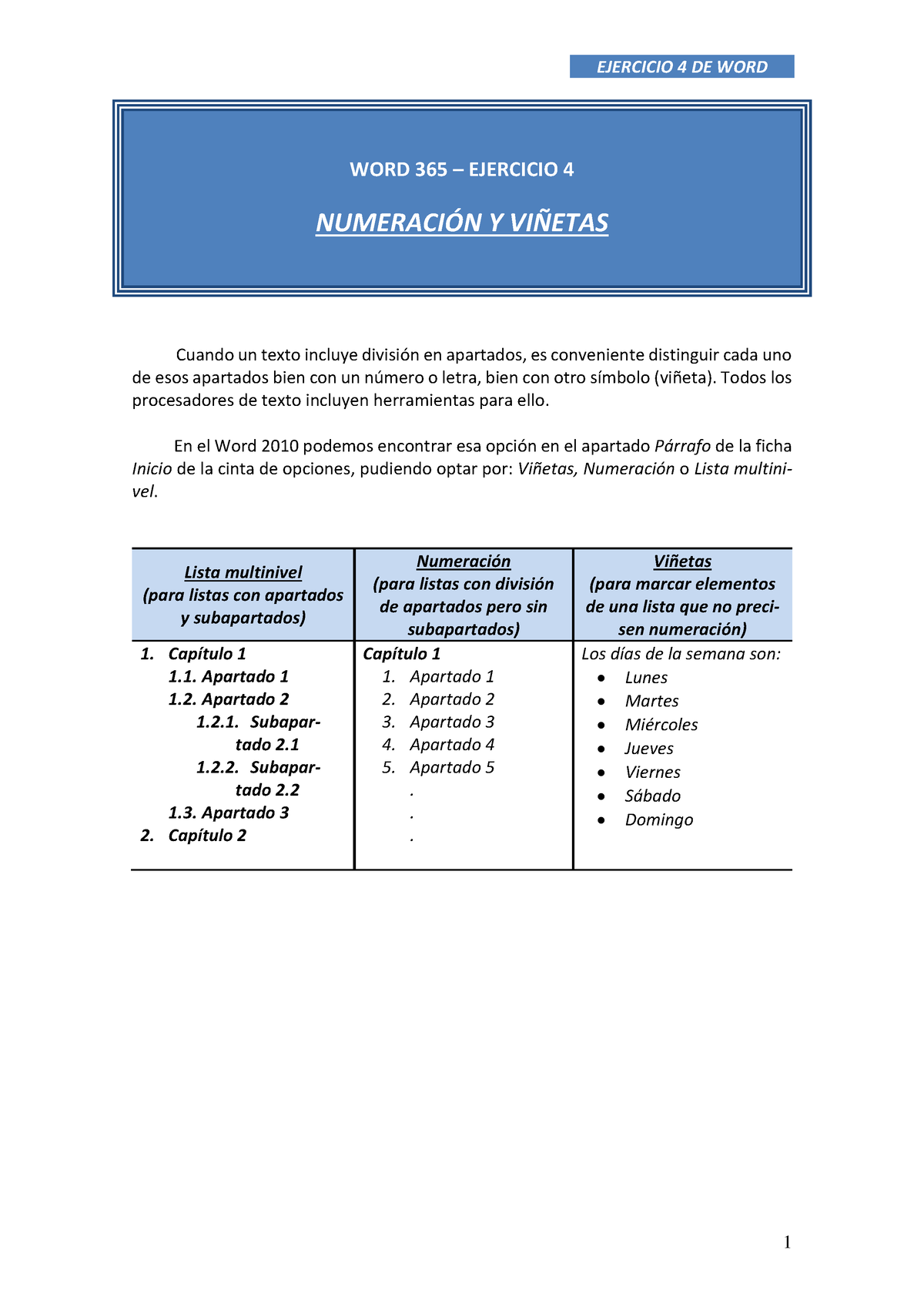 004) Numeración Y Viñetas - WORD 365 – EJERCICIO 4 NUMERACI”N Y VI—ETAS ...