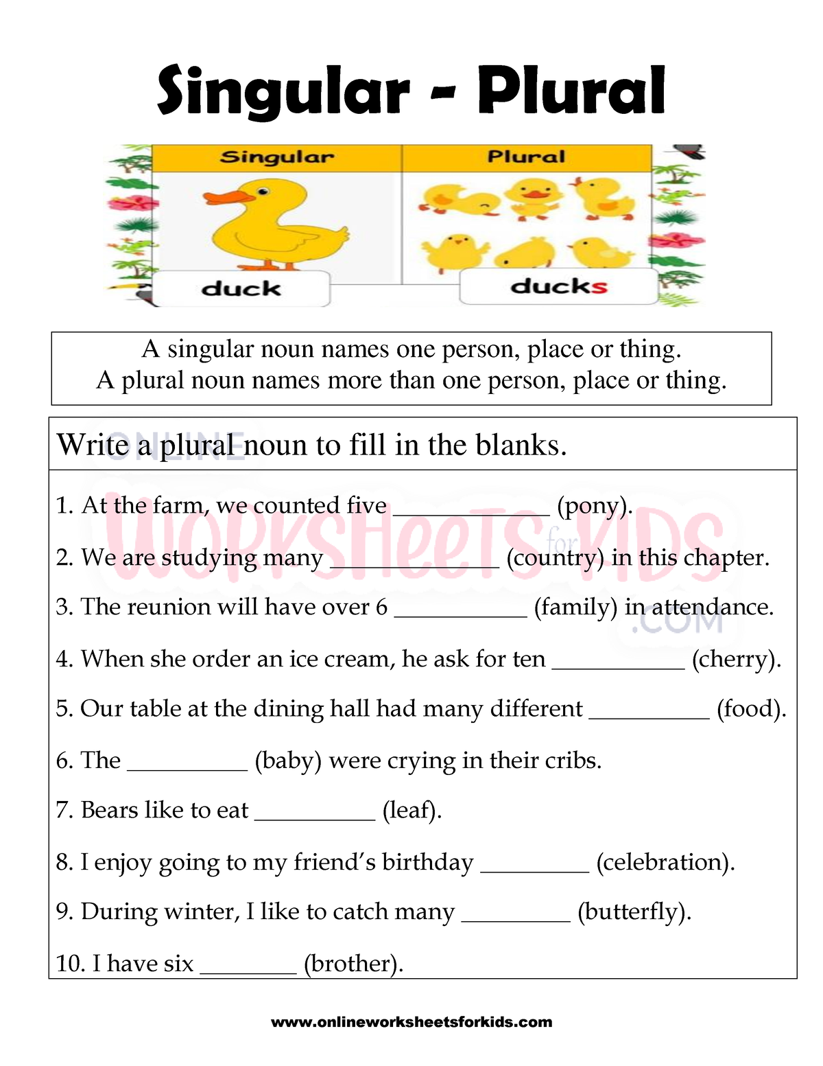 Singular And Plural Nouns FB Worksheet 1 Onlineworksheetsforkids 