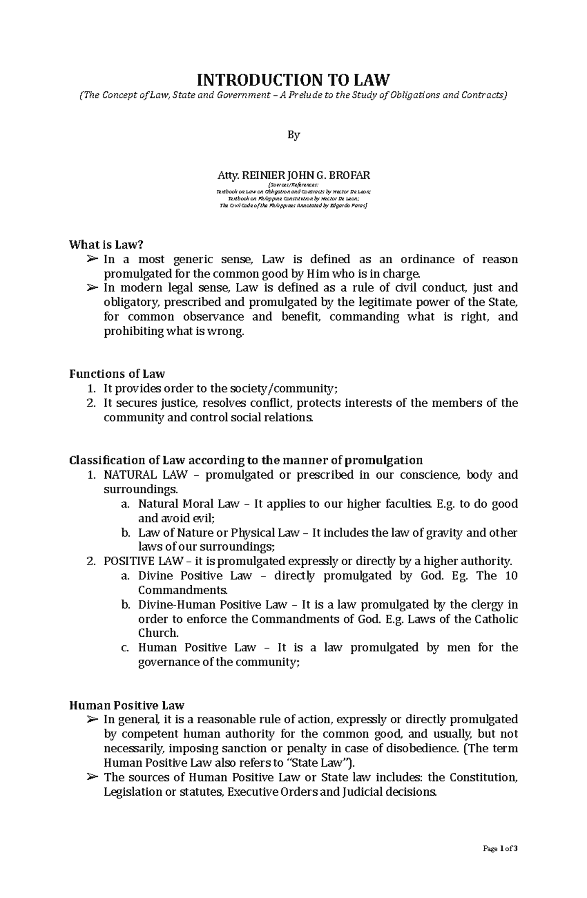 Introductiontolaw notes revised - INTRODUCTION TO LAW (The Concept of ...