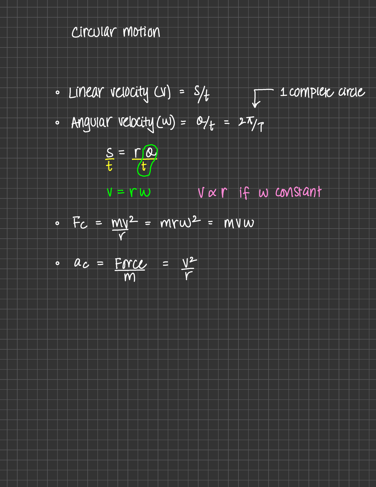 Physics A2 Formulas - circular motion Linear velocity LV) = SH f ...