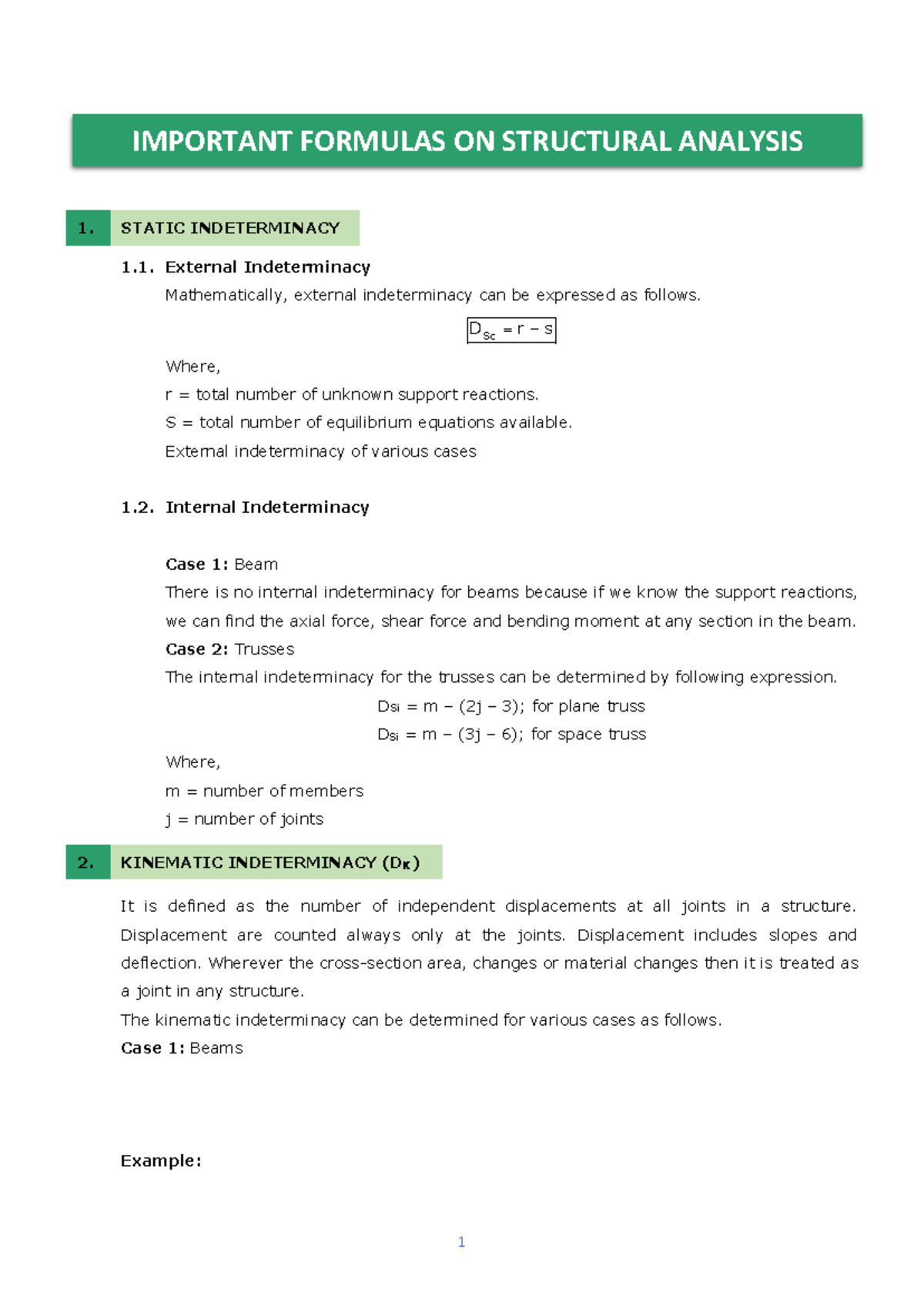 Structural Analysis Formulas - 1. STATIC INDETERMINACY 1. External ...