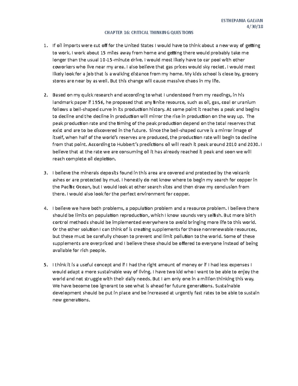 Critical thinking questions glg 220 - ESTHEPANIA GALVAN 4/30/18 CHAPTER ...