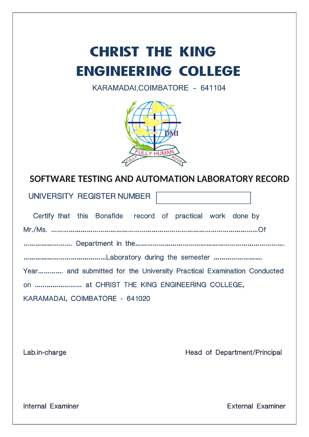 STA LAB - SOFTWARE TESTING AND AUTOMATION LABORATORY RECORD INDEX S No ...