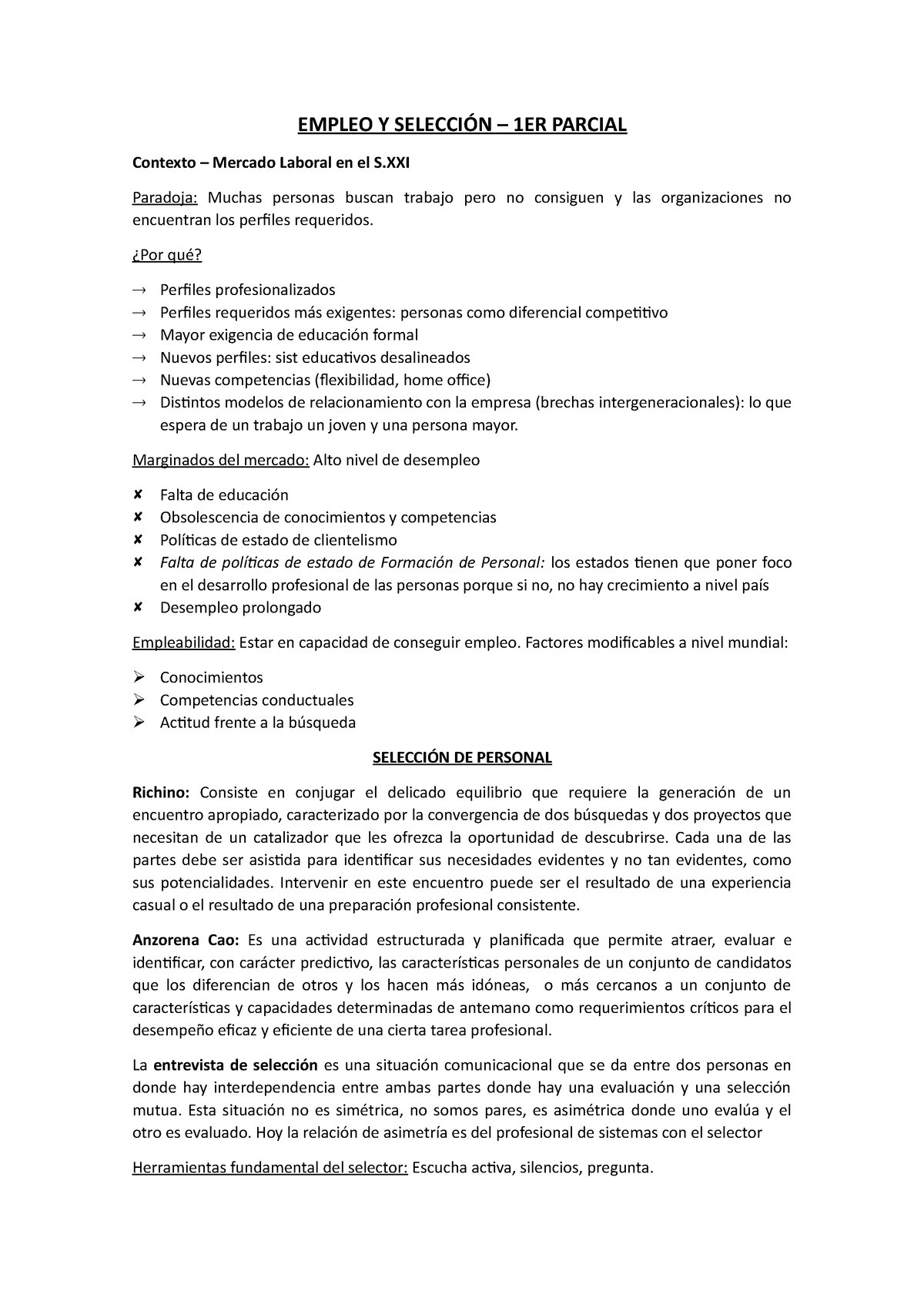 Resumen Primer Parcial - EMPLEO Y SELECCIÓN – 1ER PARCIAL Contexto ...