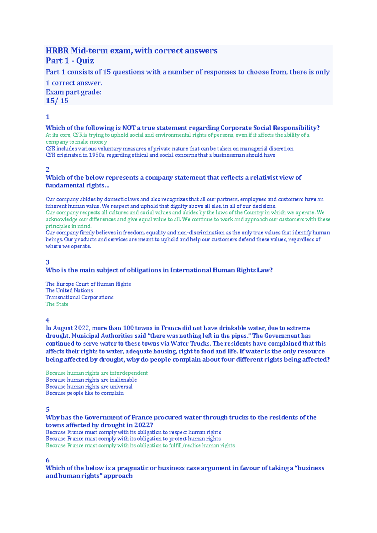 HRBR Mid term exam with correct answers - HRBR Mid-term exam, with ...